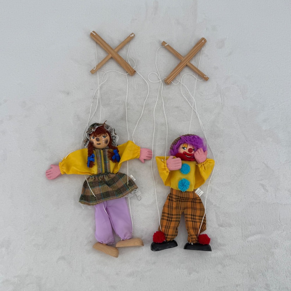 Handcrafted Vintage Wooden String Marionette Puppets, Clown & Girl Puppet Set